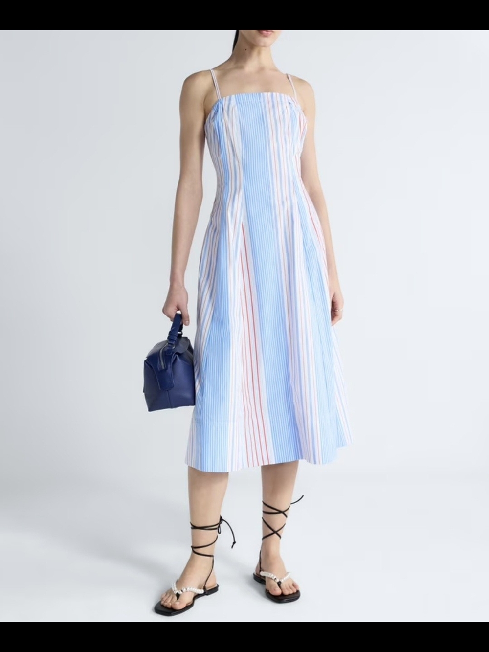 Free Assembly Striped Midi Sundress with Thin Straps in Blue & White Size S